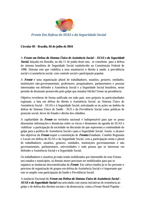 Divulgação Circular 03 - Frente em Defesa do Sistema Único de Assistência Social – SUAS e da Seguridade Social