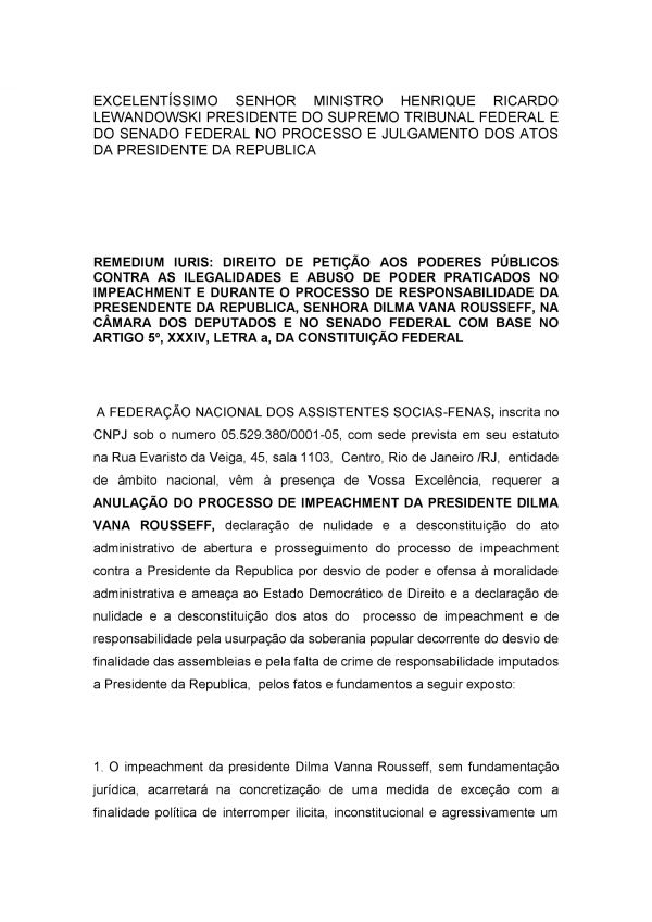 Divulgação documento de pedido de anulação do processo de impeachment protocolado por FENAS