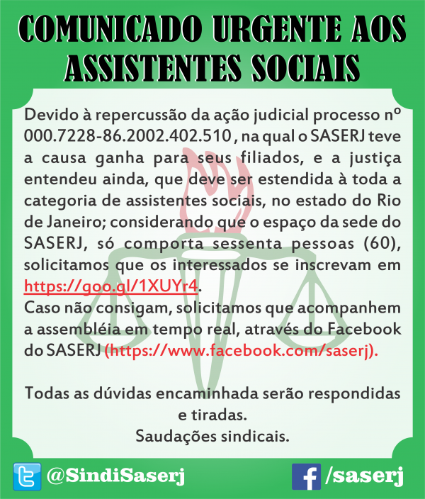 COMUNICADO URGENTE AOS ASSISTENTES SOCIAIS