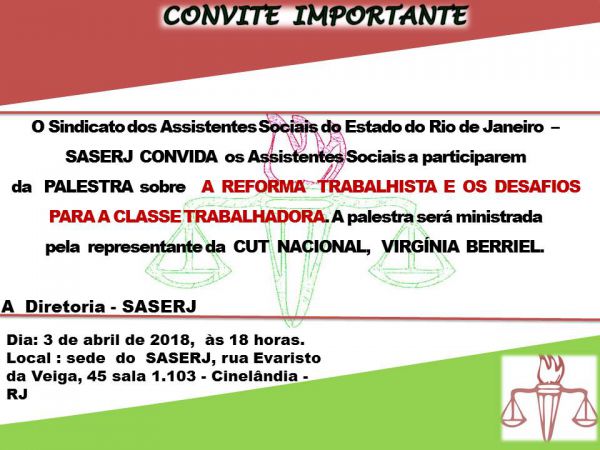 SASERJ CONVIDA PARA PALESTRA SOBRE REFORMA TRABALHISTA E OS DESAFIOS PARA A CLASSE TRABALHADORA