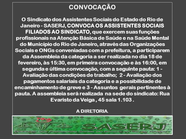 CONVOCAÇÃO PARA ASSEMBLEIA DA CATEGORIA