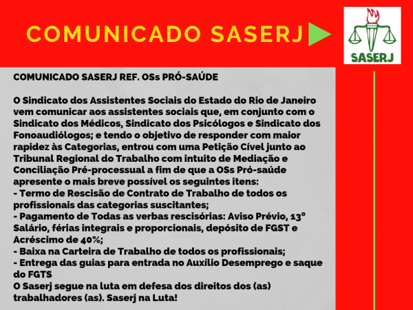 COMUNICADO SASERJ REF. OSs PRÓ-SAÚDE