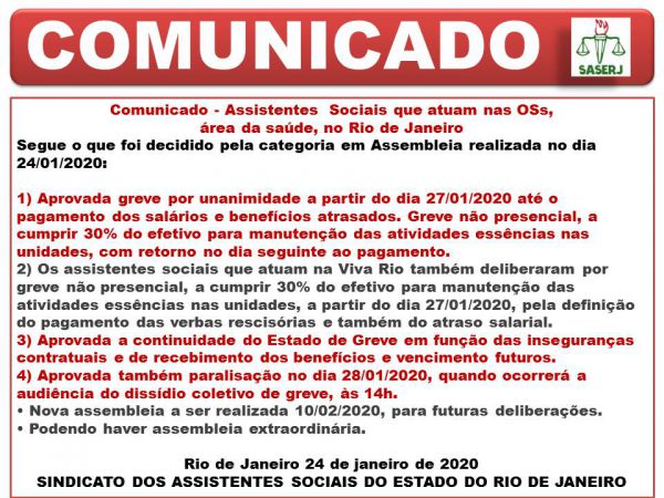 COMUNICADO DO SASERJ AOS ASSISTENTES SOCIAIS QUE ATUAM NAS OSS DA SAÚDE NO RIO DE JANEIRO