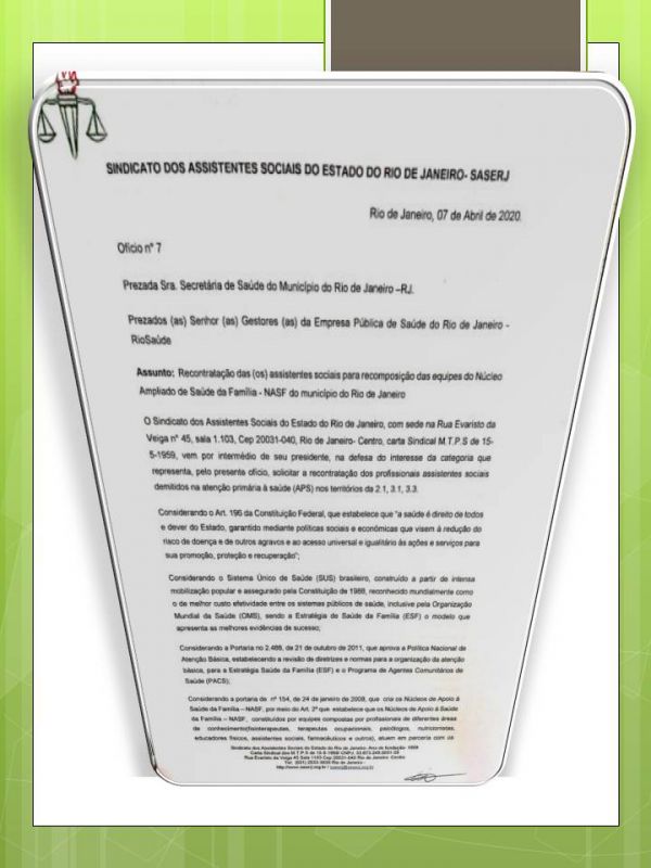 SASERJ COBRA DA PREFEITURA DO RIO A RECONTRATAÇÃO DAS (OS) ASSISTENTES SOCIAIS PARA RECOMPOSIÇÃO DAS EQUIPES DO NASF