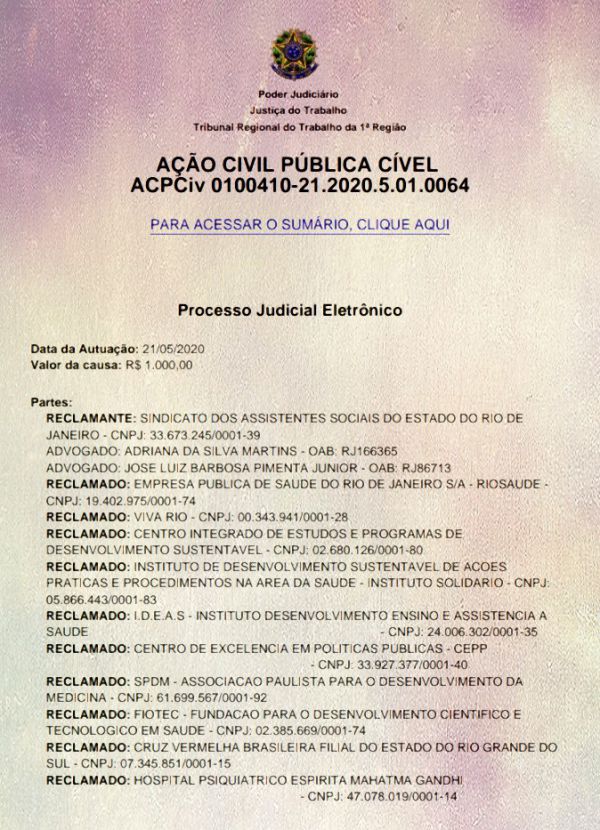 SASERJ OBTÉM LIMINAR JUDICIAL EM FAVOR D@S TRABALHADOR@S DAS ORGANIZAÇÕES SOCIAIS DA SAÚDE DO RJ, RIOSAUDE e FUNDACAO SAÚDE DO ESTADO DO RIO DE JANEIRO