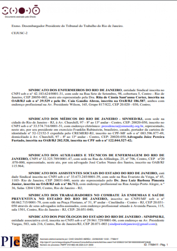 ATRASO NOS PAGAMENTOS NO ESTADO: SASERJ ASSINA EM CONJUNTO PEDIDO DE MEDIAÇÃO E CONCILIAÇÃO NO TRT