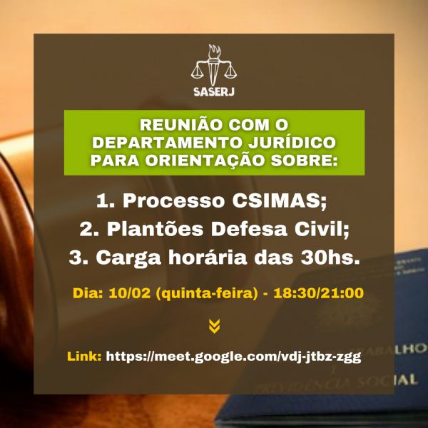 SASERJ INFORMA: REUNIÃO COM DEPARTAMENTO JURÍDICO